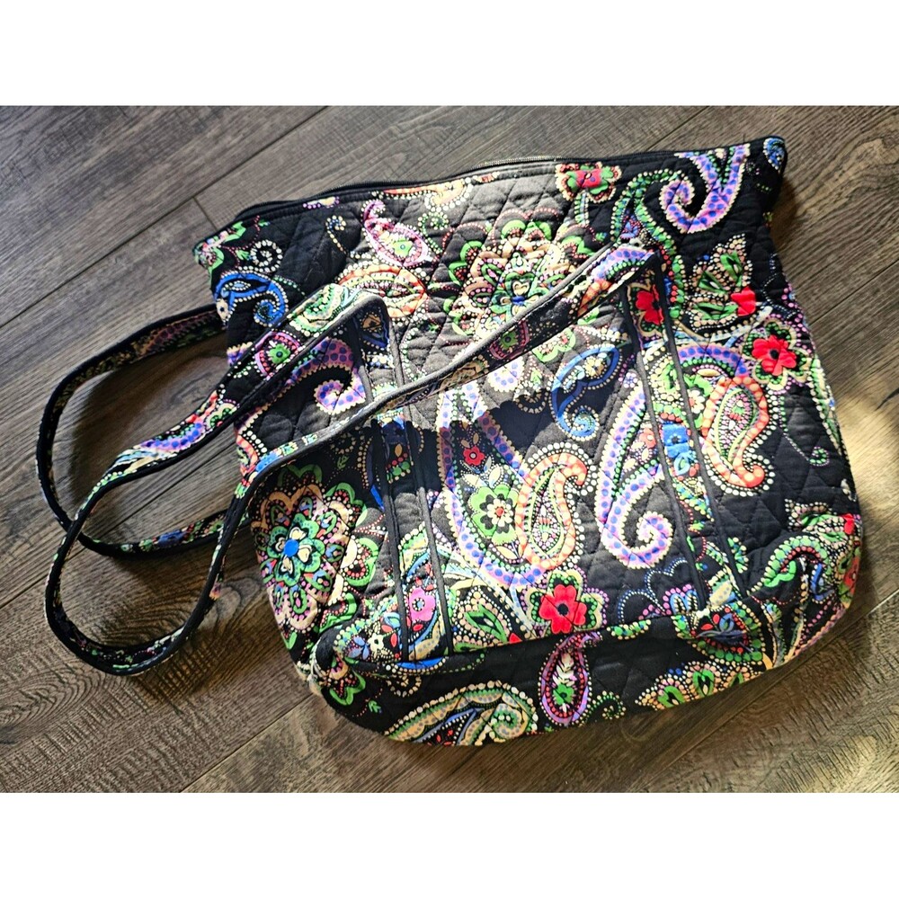 Vera Bradley Shoulder Bag Zip Closure Paisley Floral Black Multicolor Lined